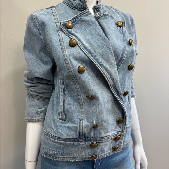 Free People Double-Breasted Military Moto Light Blue Denim Jean Jacket Band - Picture 5 of 9